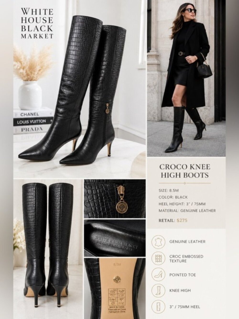 WHBM Black Croc-Embossed Pointed-Toe Knee Boots - Women Size 8.5